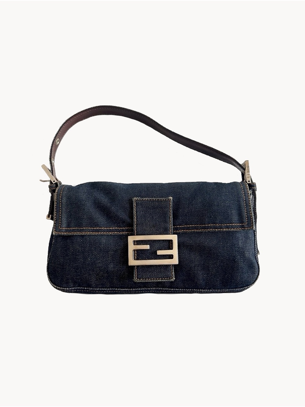 Fendi Dark Blue Denim Baguette Shoulder Bag with Silver FF Buckle